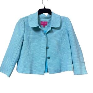 Lilly Pulitzer Blue Tweed Short Blazer Jacket Size 4 Round Collar Work FLAW